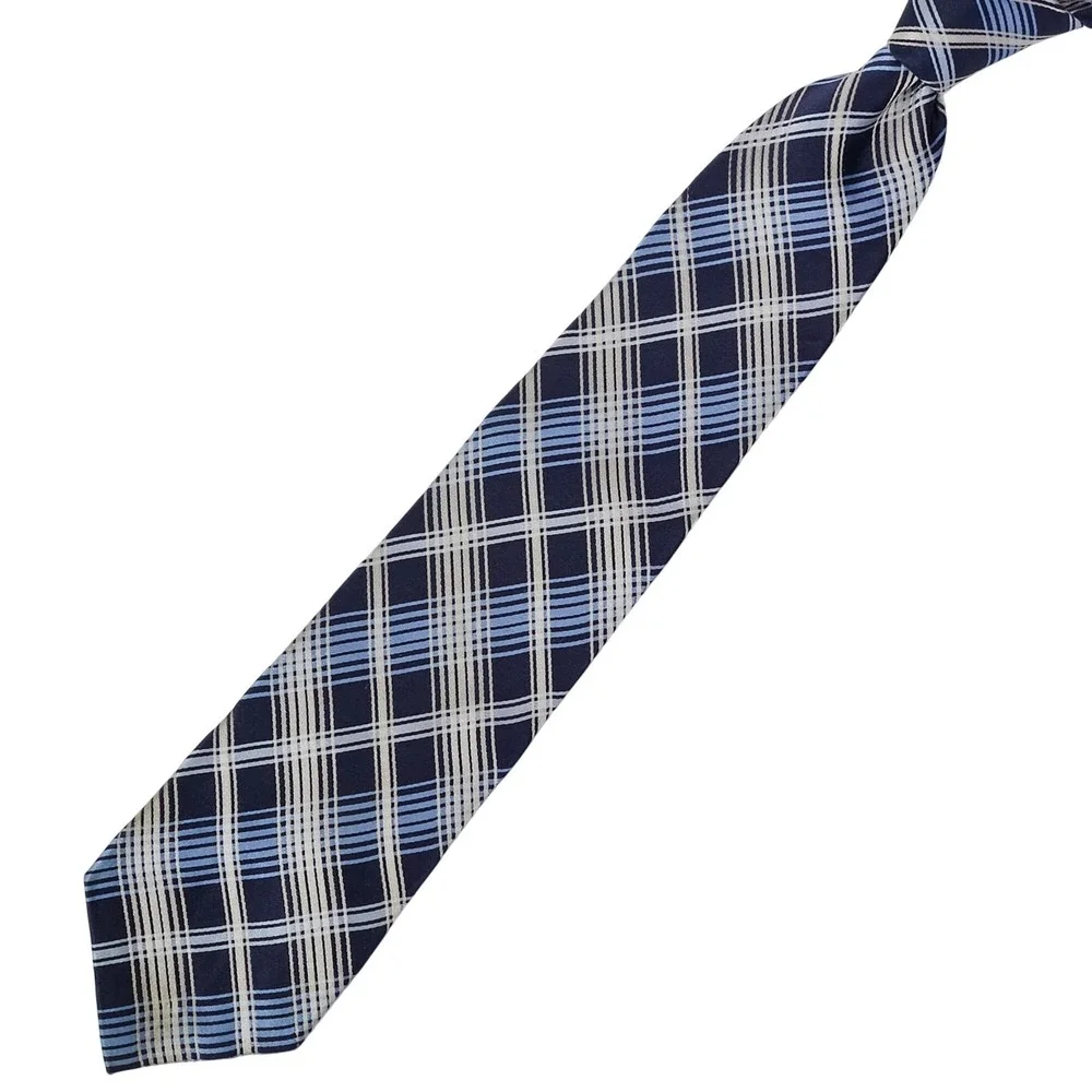 Sean John Men's 100% Silk Necktie Designer Plaid Navy/Light Blue/Silver‎ EUC